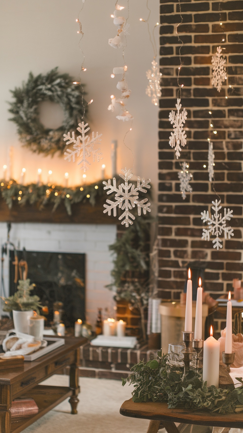 Hanging snowflakes and festive decorations in a cozy room