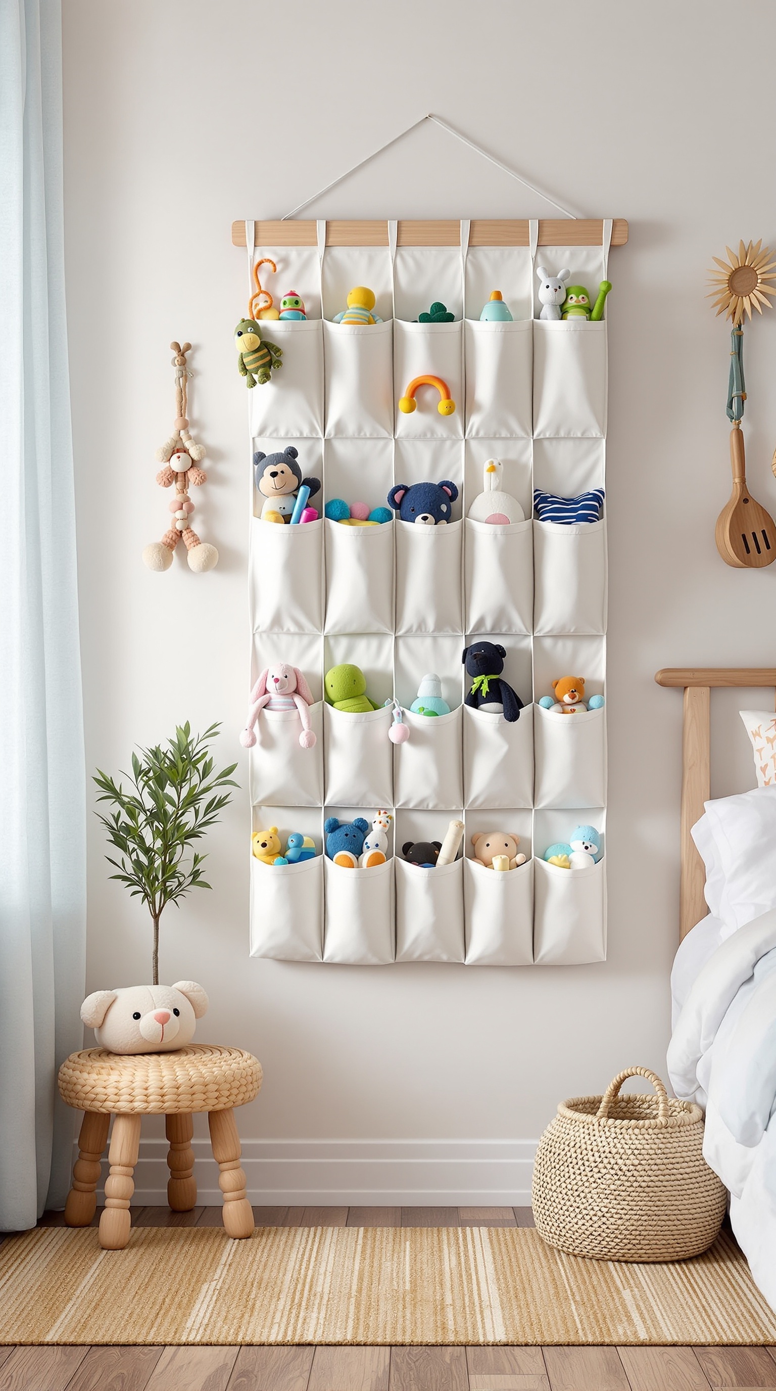 A wall-mounted toy organizer with various colorful toys displayed in pockets.