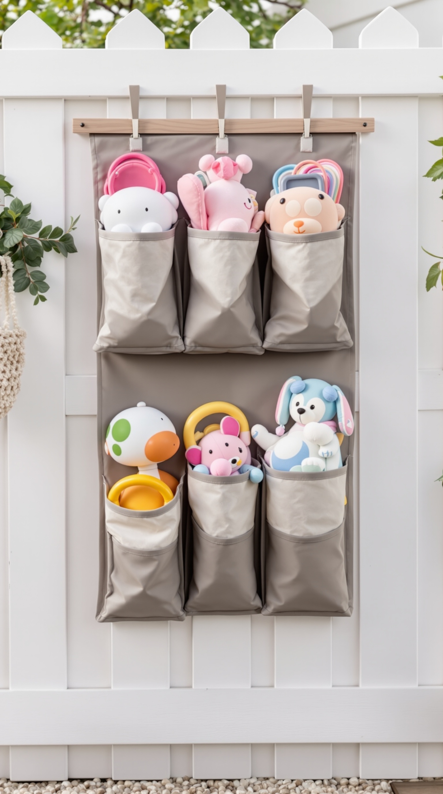 A wall-mounted hanging storage solution with pockets filled with colorful outdoor toys.