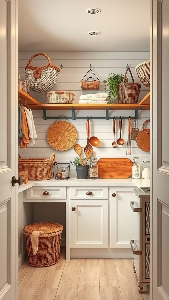 A small pantry organized with hanging storage solutions, featuring baskets, utensils, and plants on shelves.