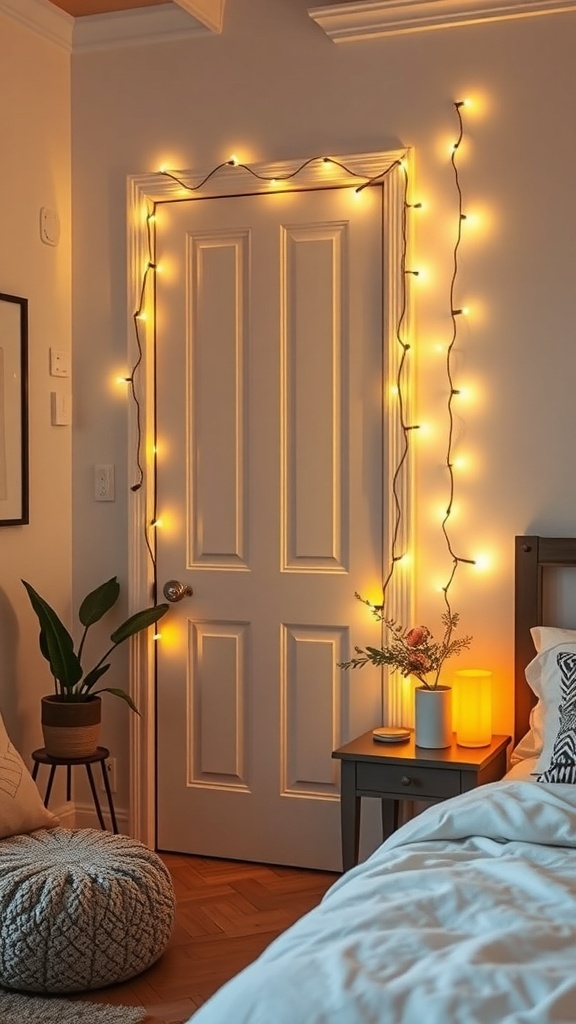 A bedroom door decorated with warm string lights, creating a cozy atmosphere.
