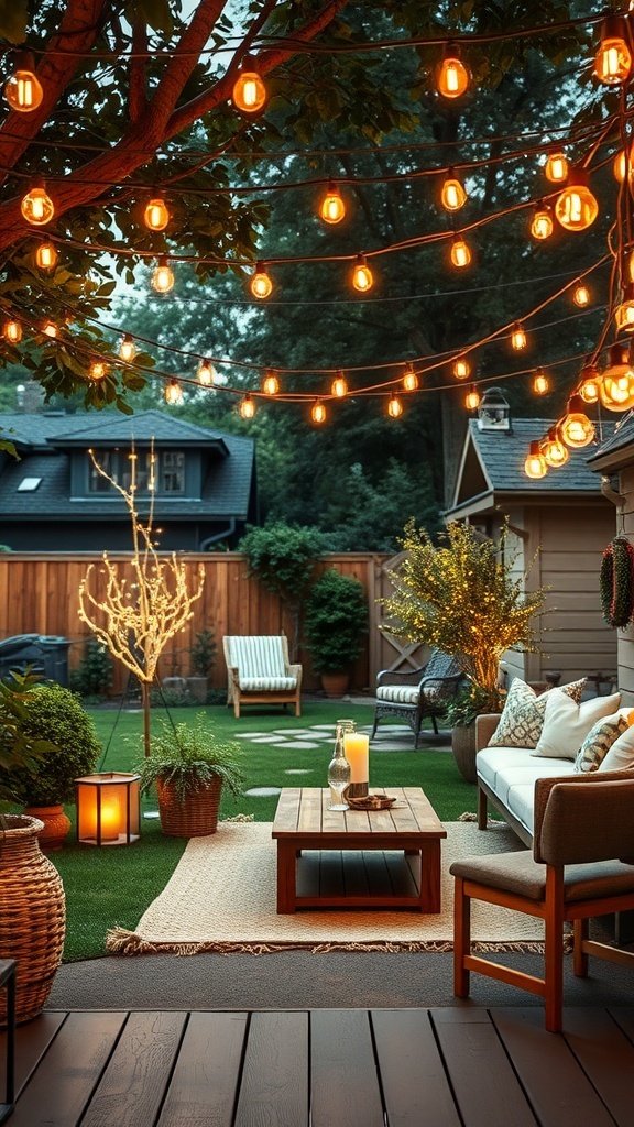 A cozy outdoor space with hanging string lights illuminating a seating area and a wooden table.