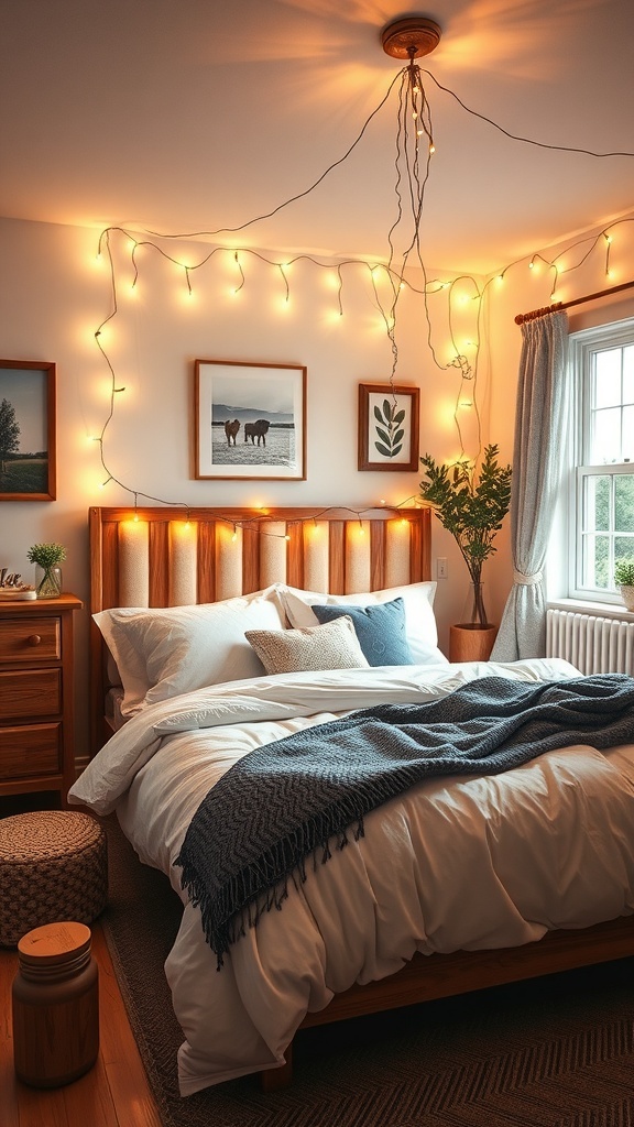A cozy teen bedroom with hanging string lights illuminating the space.
