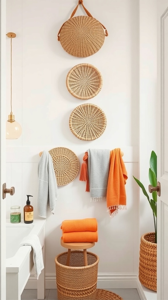Hanging towel baskets in a stylish bathroom, showcasing vibrant towels and natural woven baskets.