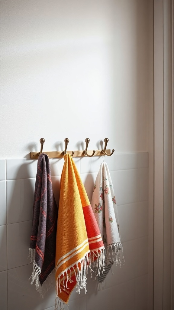Colorful towels hanging elegantly on gold hooks in a bright bathroom setting.