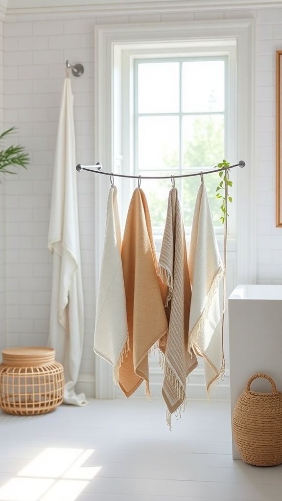 A stylish bathroom with towels hanging on a rack using clips, showcasing a modern and organized decor.