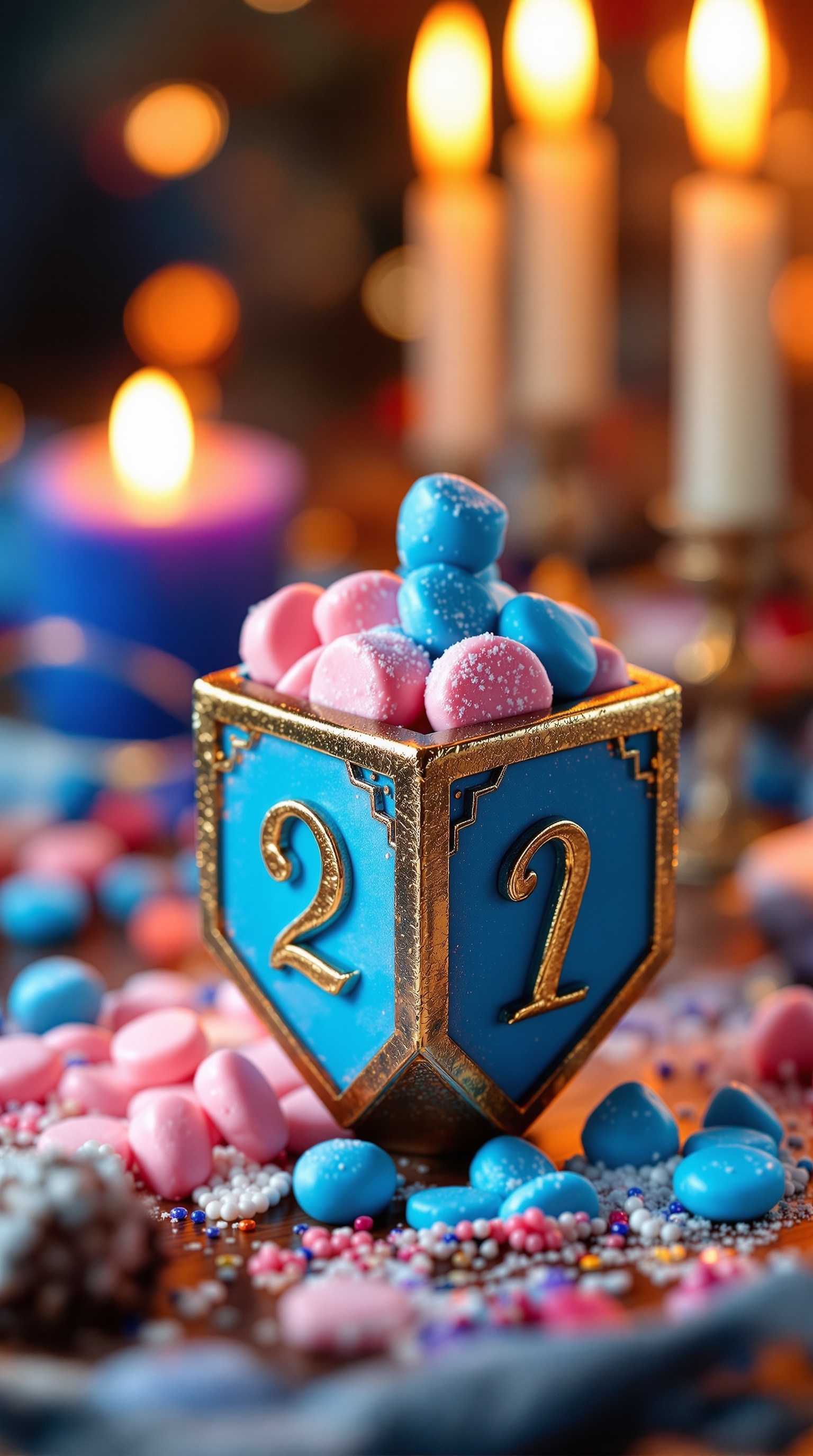 A festive table set for a gender reveal party with cupcakes, decorations, and candles.