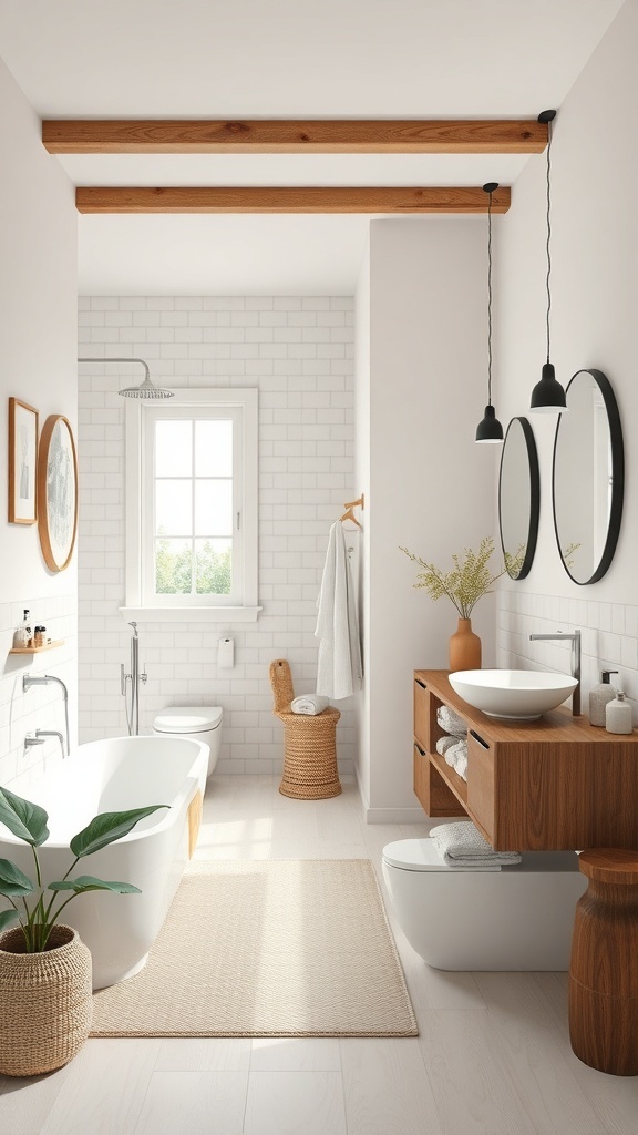 A serene Japandi bathroom featuring wooden beams, white tiles, a freestanding bathtub, and natural decor elements.