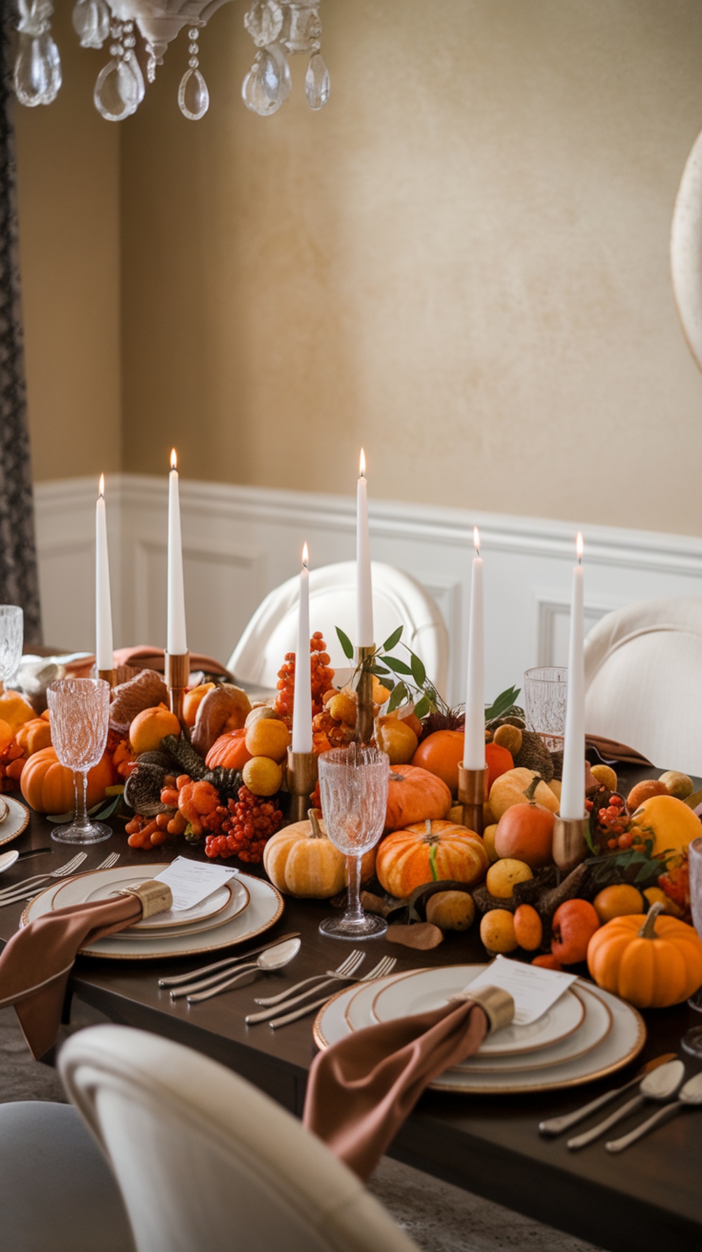 A beautifully arranged Thanksgiving table centerpiece featuring pumpkins, gourds, and candles.