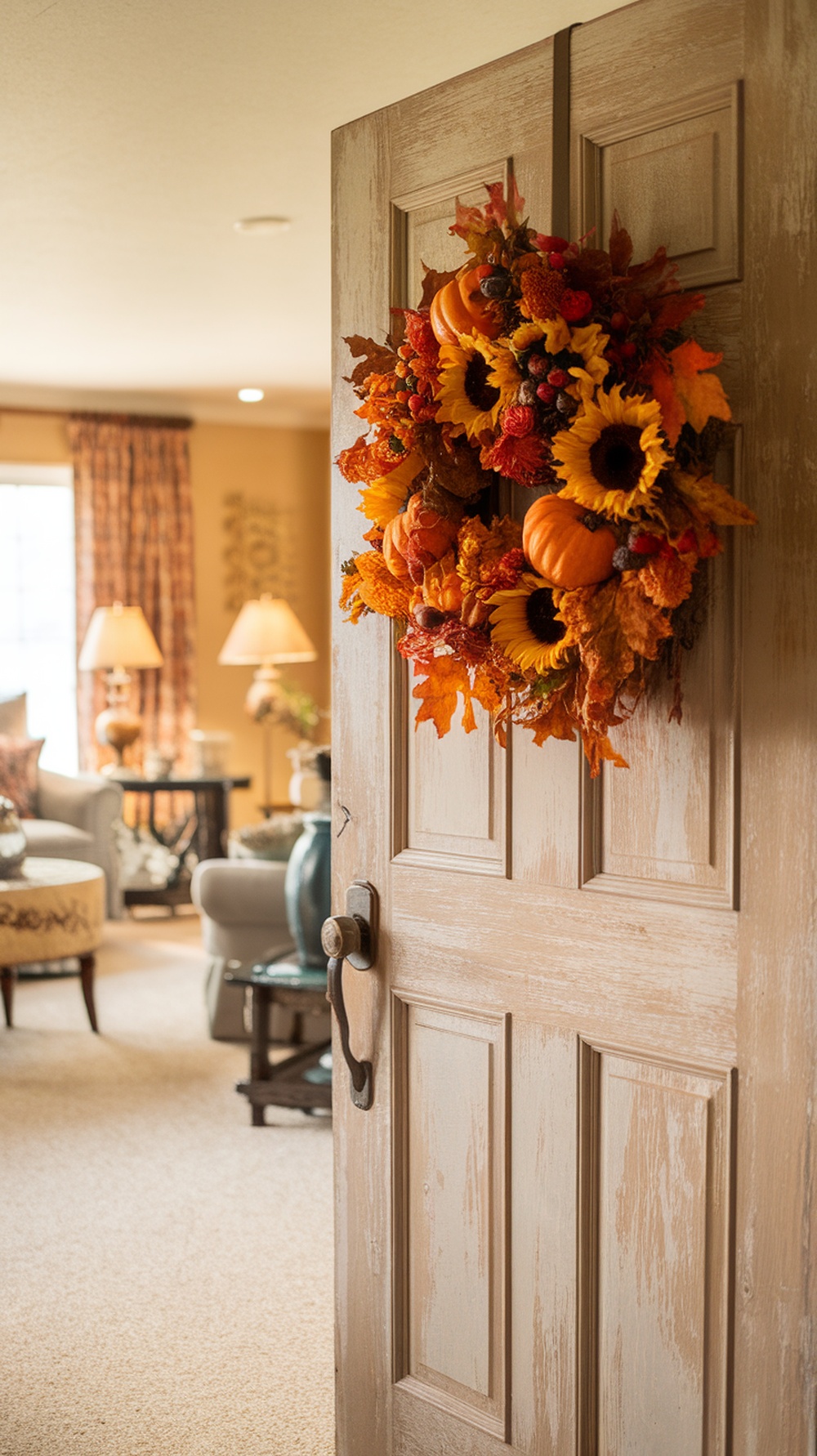 A beautiful harvest-inspired floral wreath with sunflowers and pumpkins on a door.