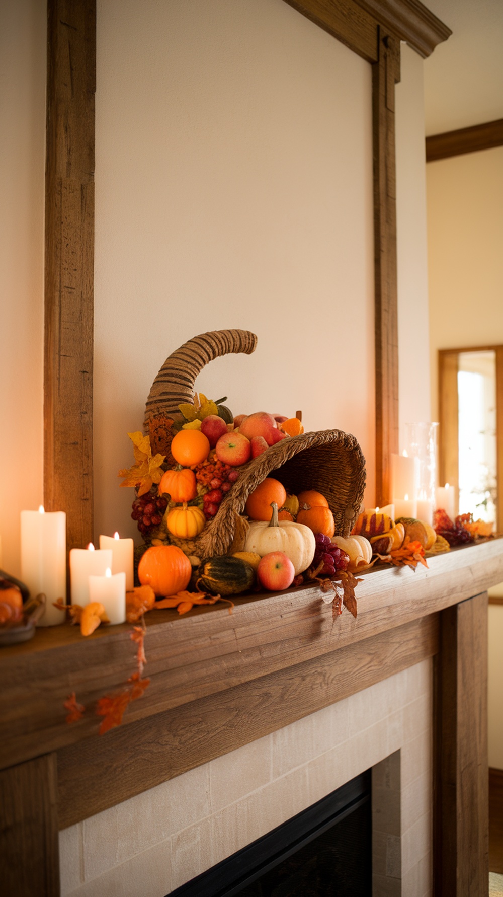 A harvest-themed centerpiece featuring a cornucopia filled with fruits and pumpkins, surrounded by candles and autumn leaves on a mantel.