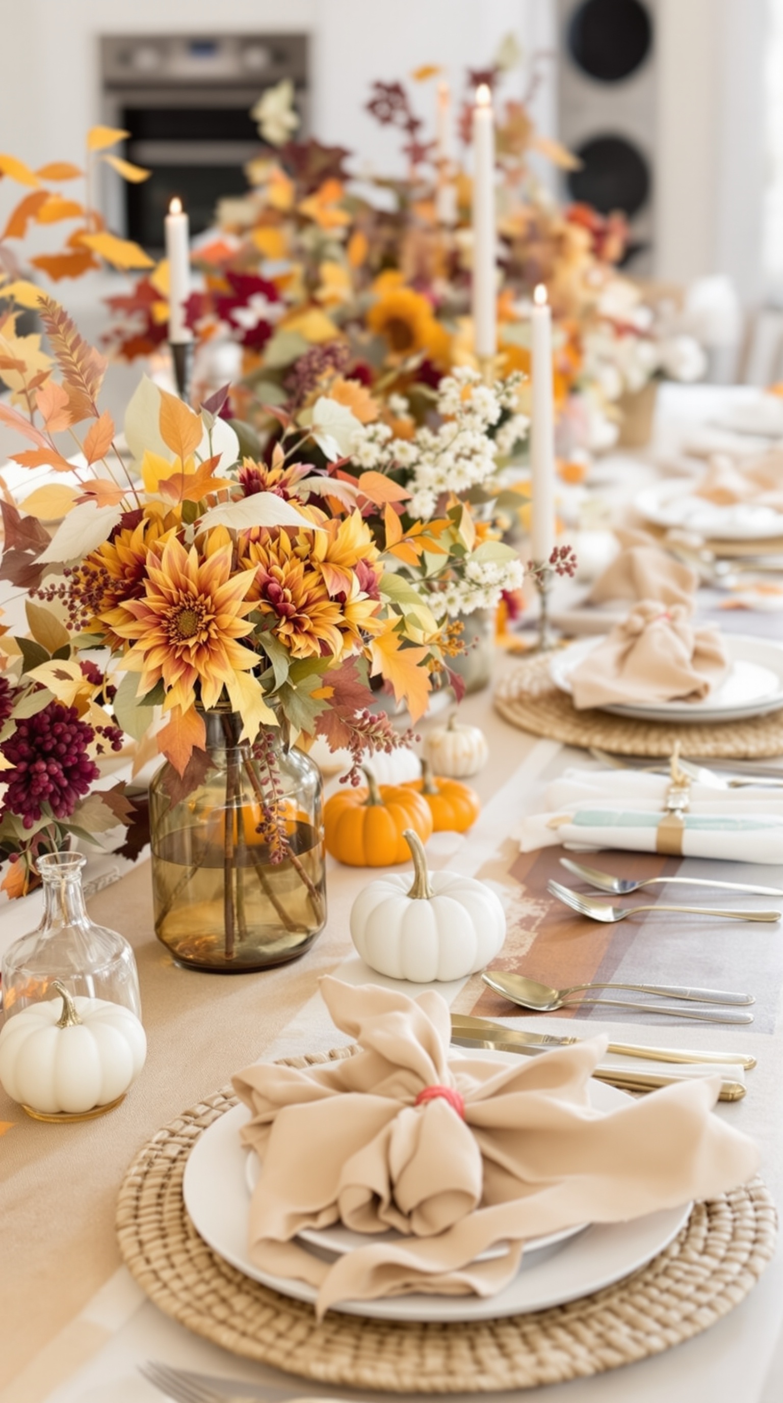 Decorations for a Thanksgiving baby shower featuring pumpkins, leaves, and warm colors.