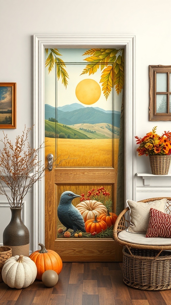 A door decorated with harvest-themed art, featuring a bluebird, pumpkins, and an autumn landscape.