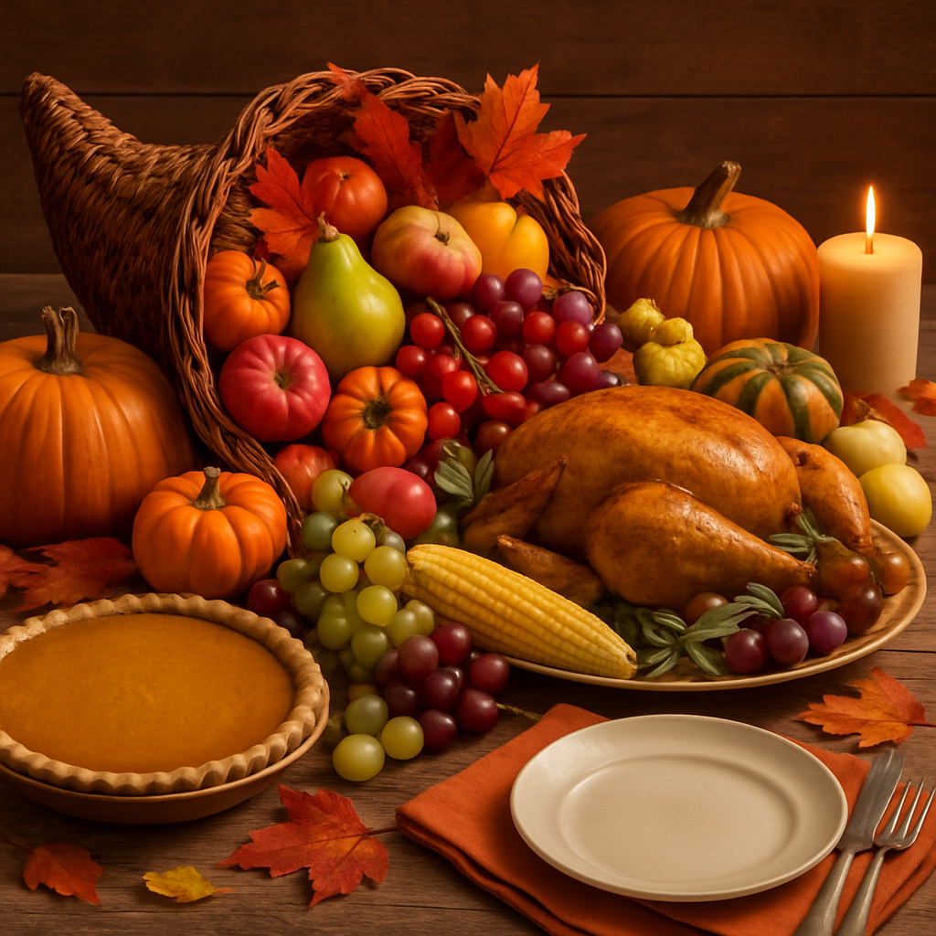 A Thanksgiving table decorated with seasonal produce, including pumpkins, apples, and a cornucopia, surrounded by greenery and glasses of amber liquid.
