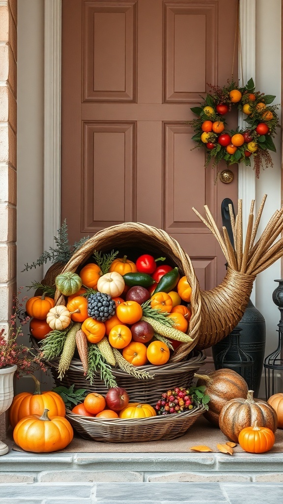 A cornucopia overflowing with fruits and vegetables displayed on a doorstep, with pumpkins and a wreath above the door.