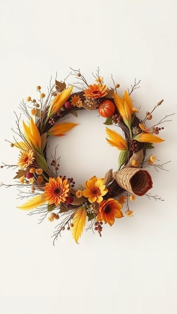 A colorful harvest cornucopia wreath with sunflowers, corn, and a small pumpkin.