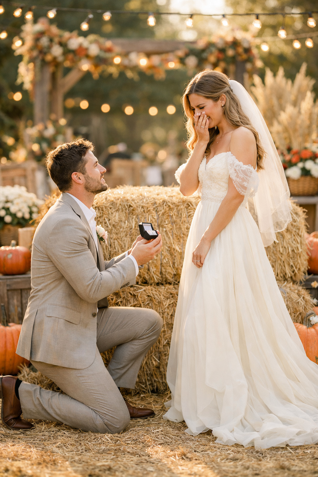 A man proposes to a woman in an autumn setting at a harvest festival, surrounded by pumpkins and fairy lights.