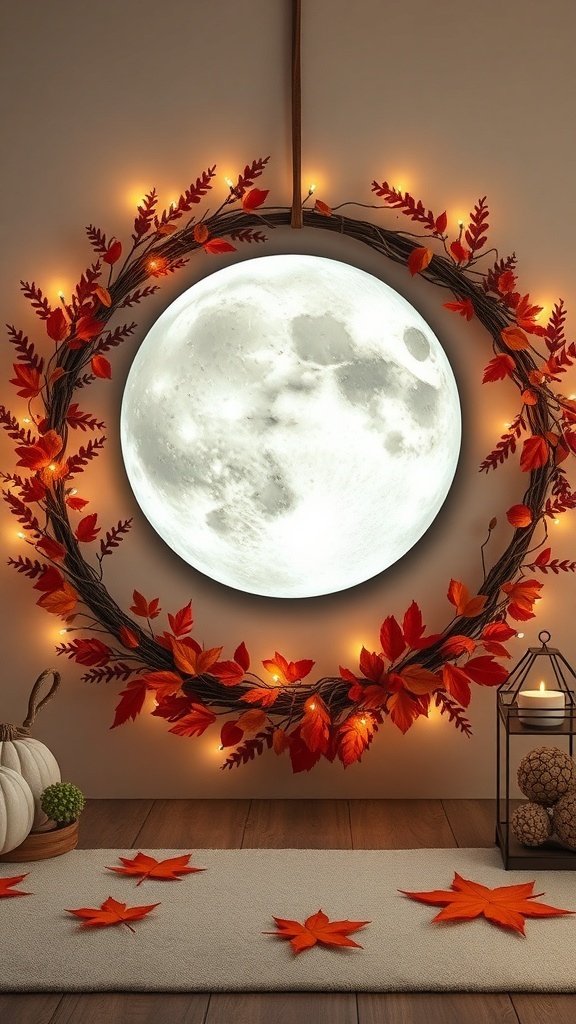 A decorative wreath featuring a glowing moon surrounded by autumn leaves and lights.