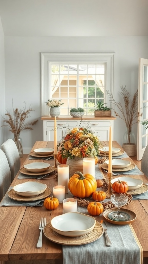 A cozy autumn harvest table setting with pumpkins, candles, and floral arrangements.