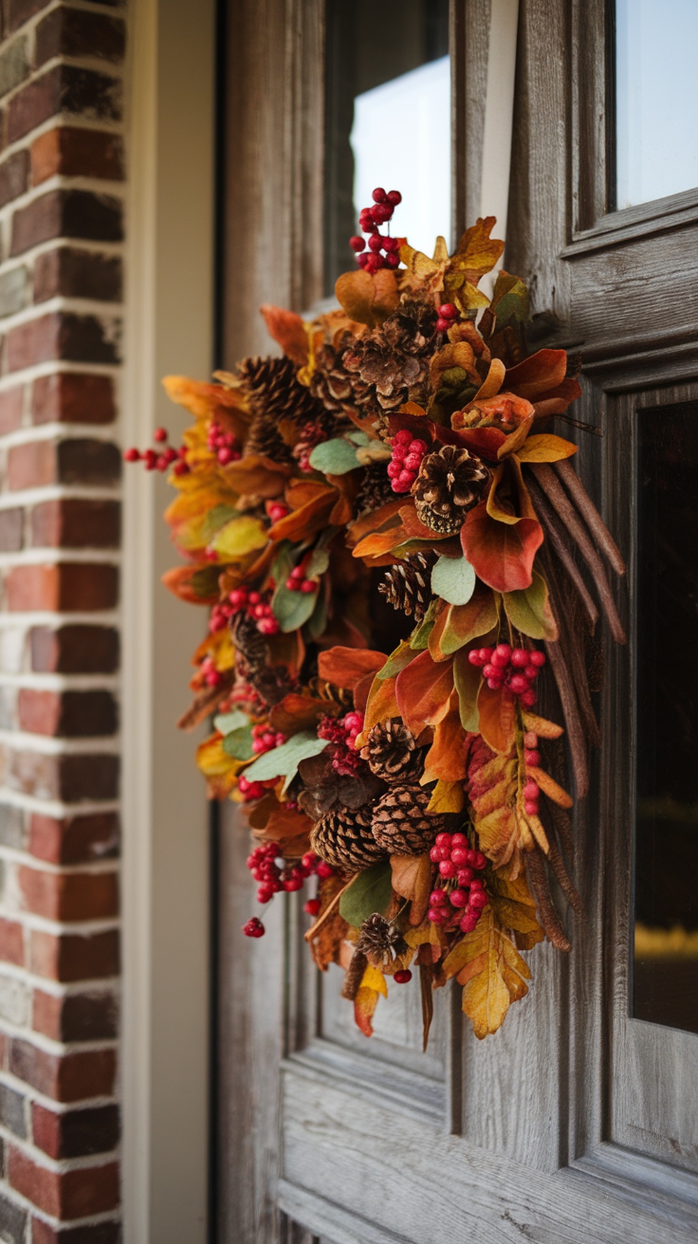 A harvest wreath with autumn leaves, pine cones, and red berries hanging on a wooden door.