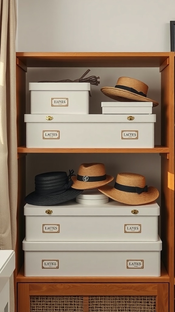 A shelf with neatly arranged hat boxes and hats, showcasing a stylish storage solution.