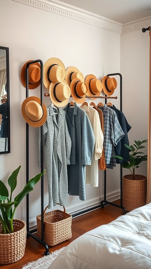 A clothes rack displaying various hats along with hanging clothes and potted plants.