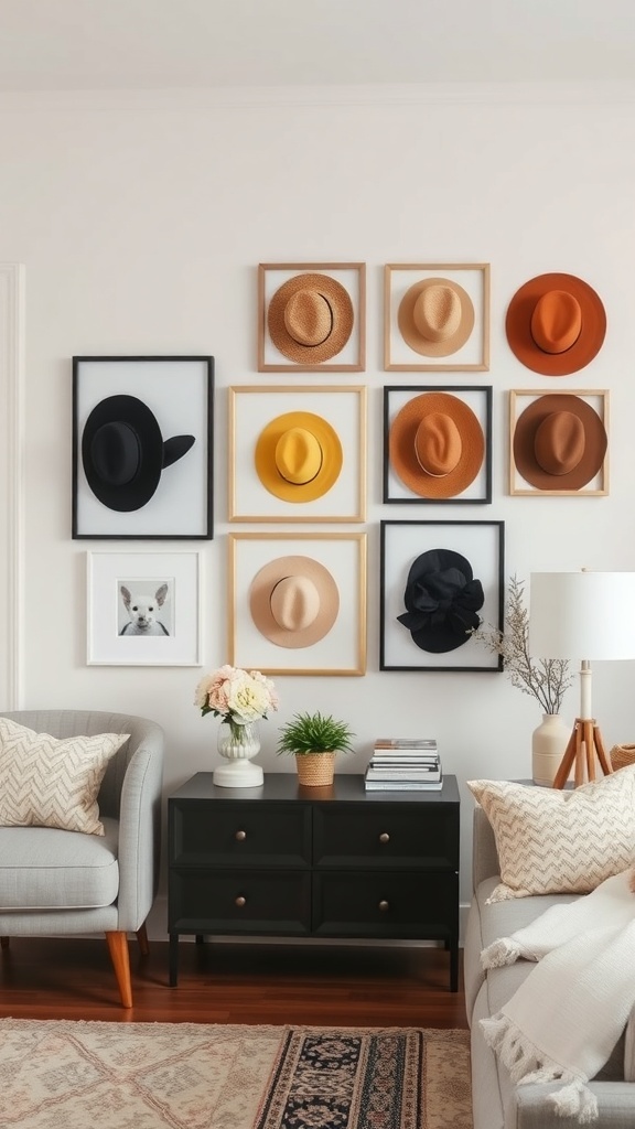 Gallery wall displaying various hats in frames, with a cozy living room setup