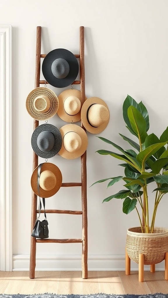 A decorative wooden ladder displaying various hats, with a plant nearby.