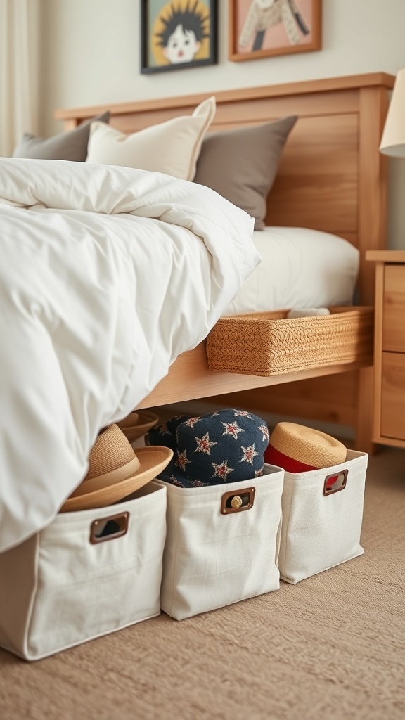 Storage bins under a bed holding various hats in a cozy bedroom