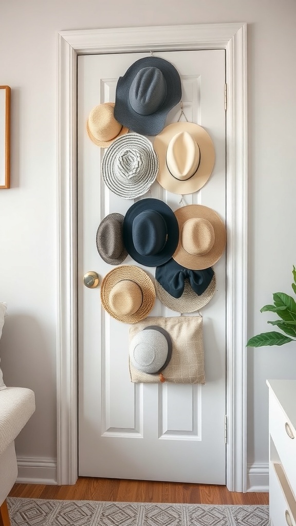 A closet door with various hats hanging on it, showcasing a stylish and organized hat storage solution.