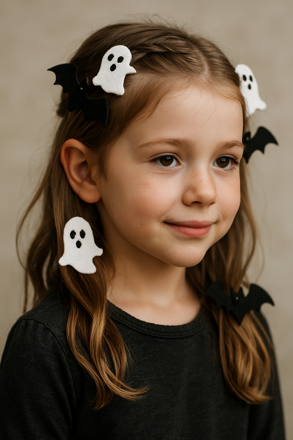 A young girl with hair clips featuring ghosts and bats for Halloween.