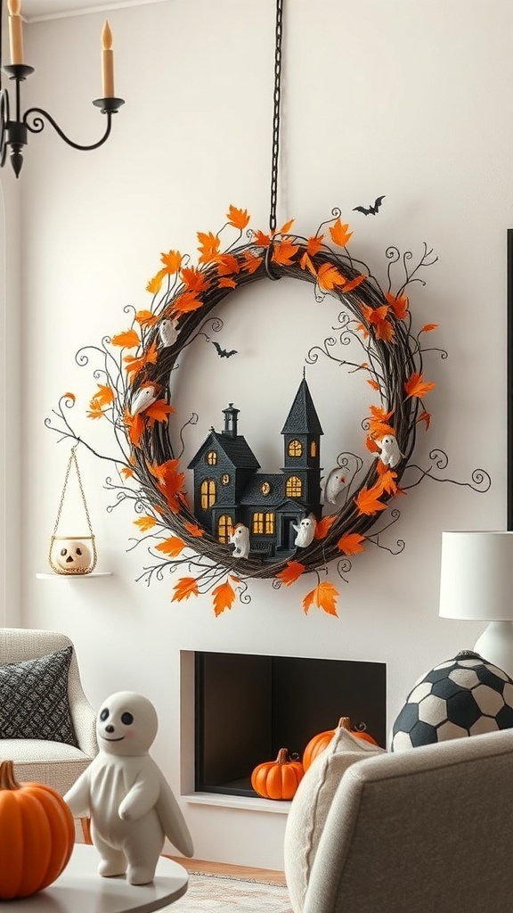 A haunted house miniature wreath with orange leaves, ghosts, and bats, hanging on a wall.