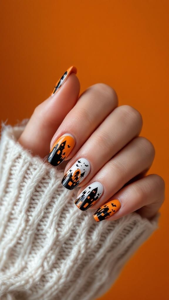 Nails painted with haunted house silhouettes in orange and black colors.