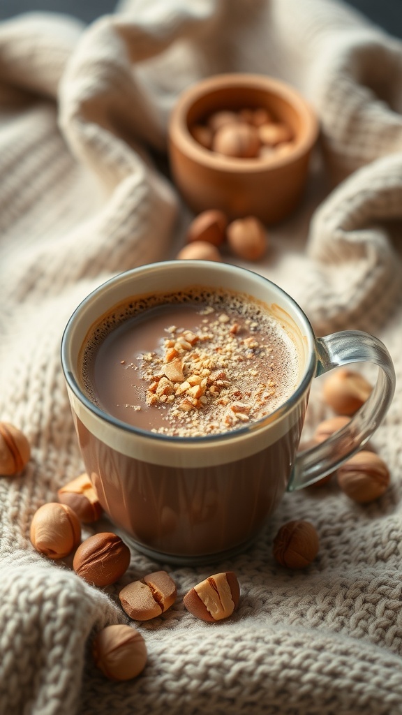 A cozy cup of hazelnut infused coffee with crushed nuts on top, surrounded by hazelnuts and a soft knit blanket.