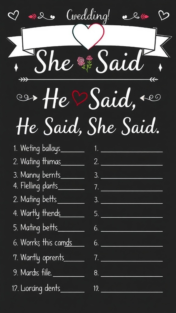 Printable He Said, She Said game sheet for bridal showers