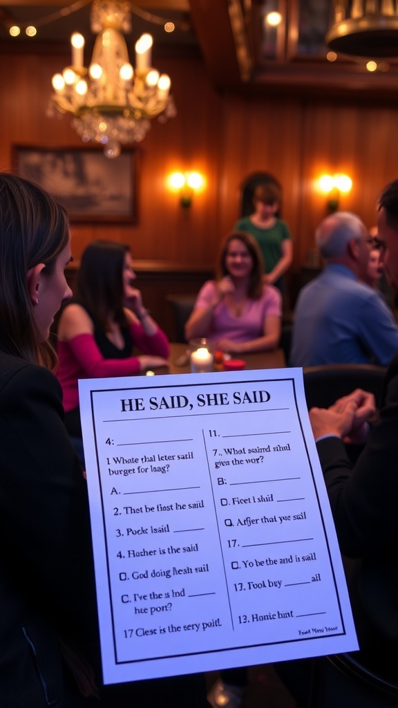 A group of people at a bridal shower, engaged in a game with a printed quiz titled 'He Said, She Said.'