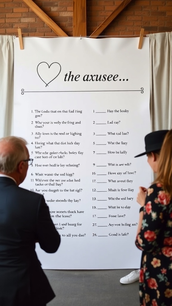 A fun bridal shower game setup with questions about the couple.