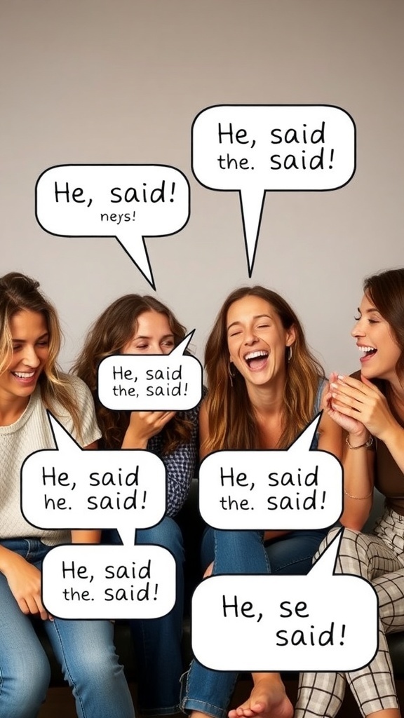 Friends laughing and playing He Said, She Said game at a bridal shower.