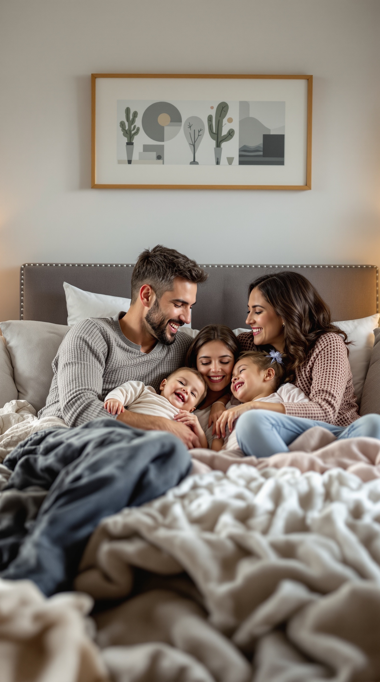 A happy family cuddled together in bed, enjoying each other's company.
