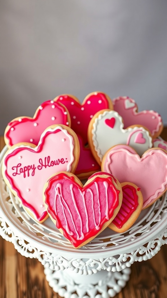 A display of heart-shaped cookies decorated with royal icing in various designs and colors.