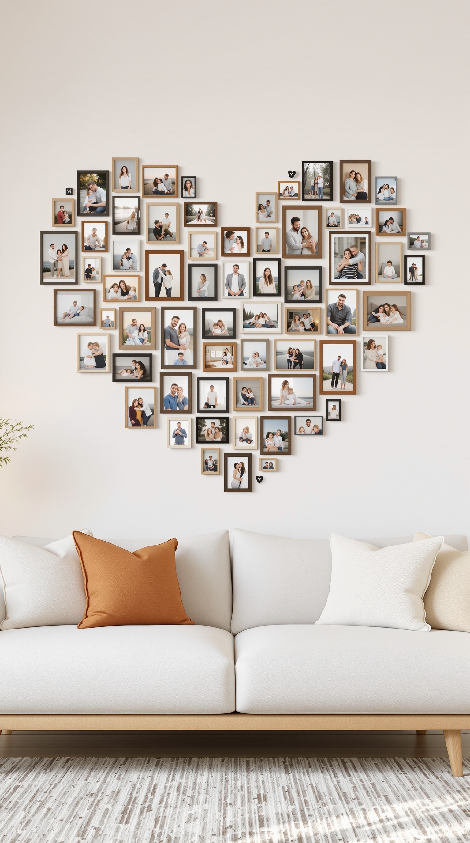 Heart-shaped photo arrangement on a wall above a couch
