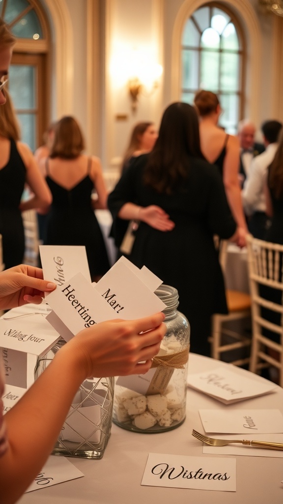 Guests interacting with the Hearts and Wishes Jar at a wedding reception