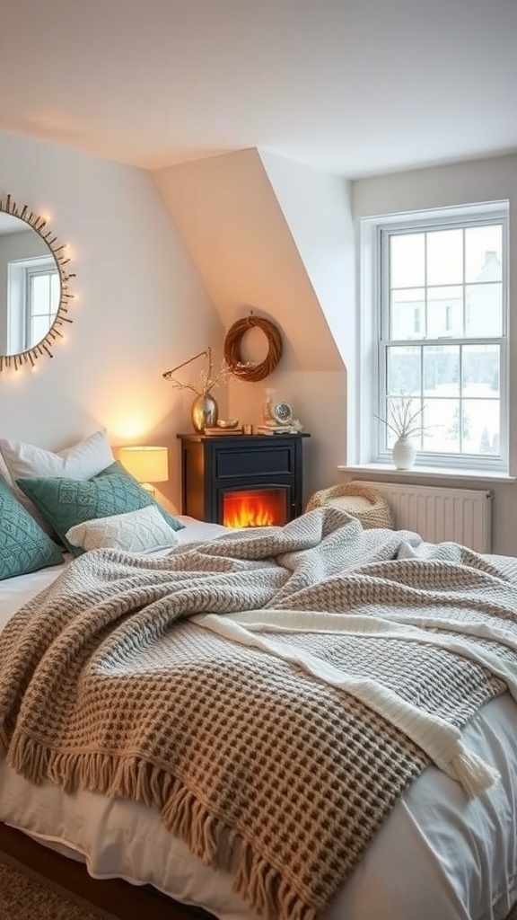 A cozy winter bedroom featuring a bed with a warm blanket, decorative pillows, and an electric fireplace.