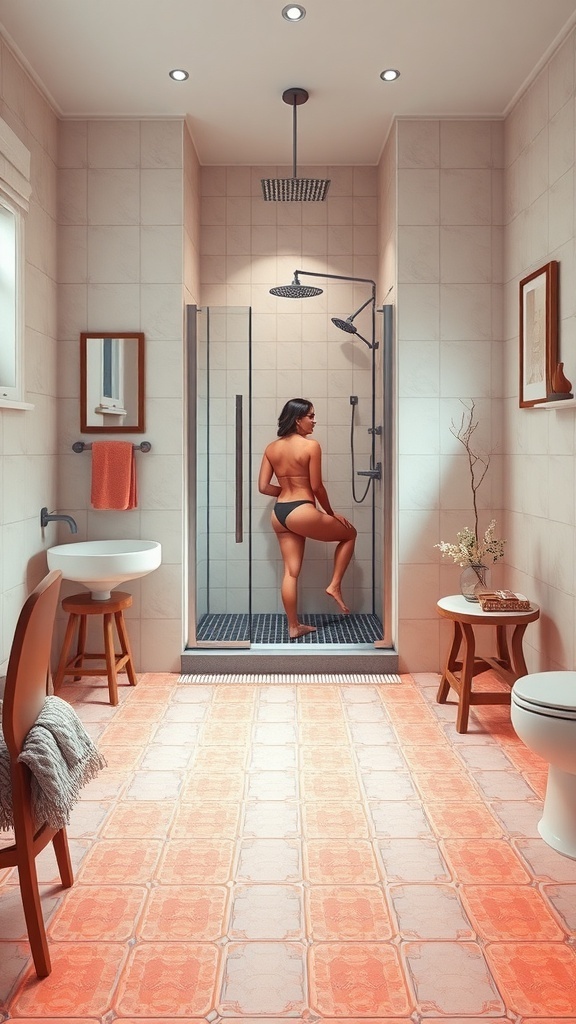 A cozy bathroom featuring heated floors, modern fixtures, and warm tones.