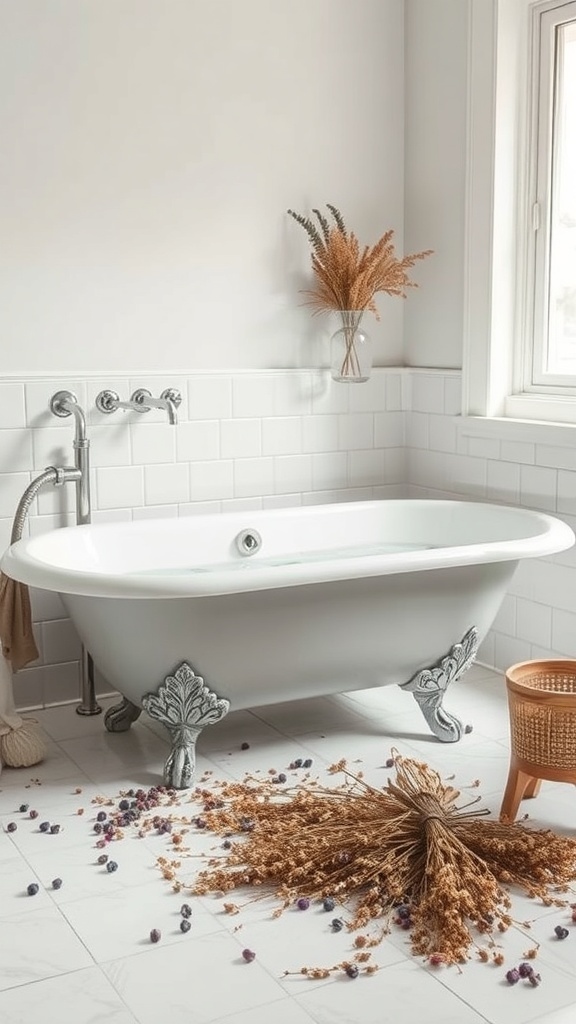 A cozy cottagecore bathroom featuring a vintage bathtub, dried herbs on the floor, and a calming atmosphere.