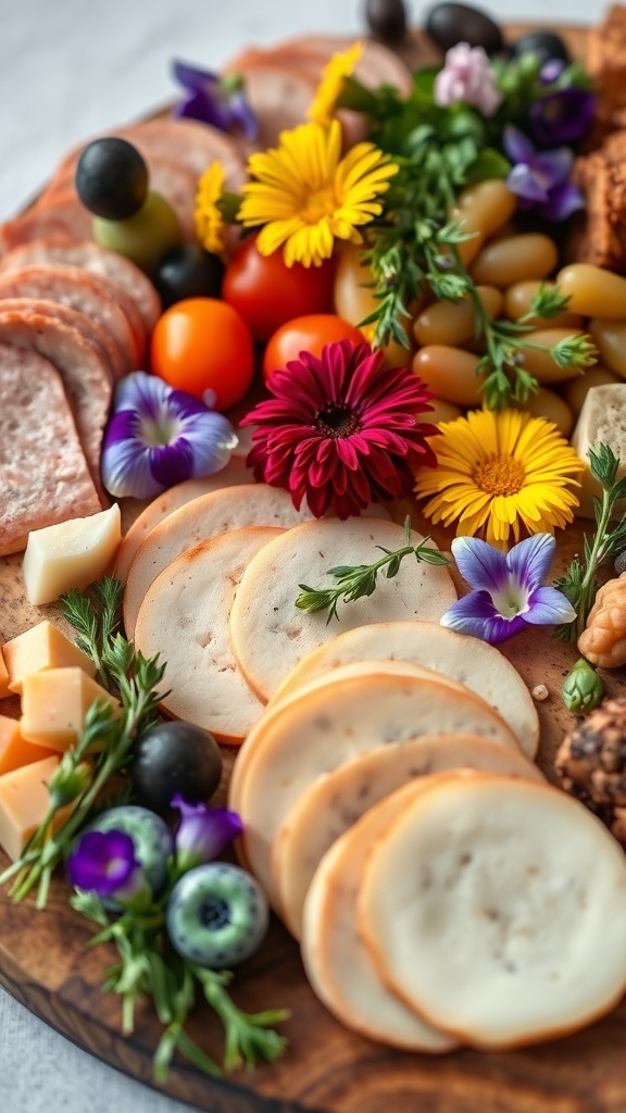 A beautifully arranged charcuterie board with herbs and edible flowers garnishes.