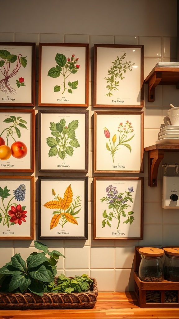 A collection of framed botanical prints featuring various herbs and spices, displayed on a kitchen wall.