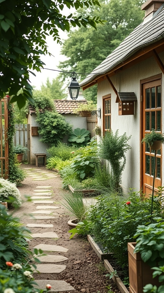 A rustic cottage garden with a stone path, surrounded by lush herbs and vegetables.