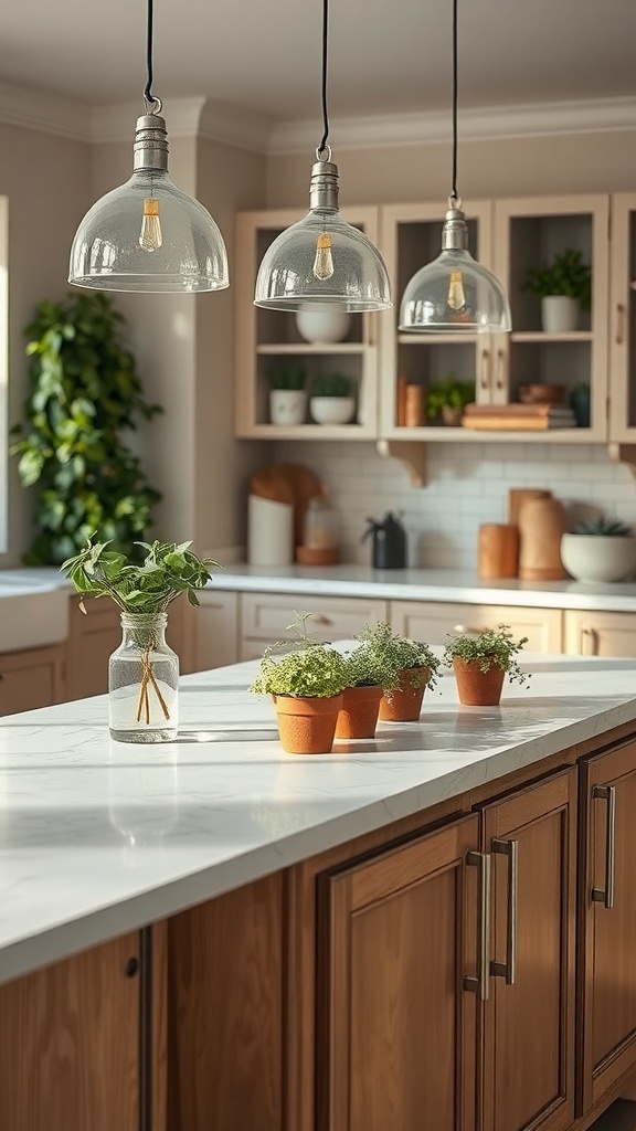 A kitchen island decorated with terracotta pots of herbs, a glass vase with fresh herbs, and stylish pendant lights.