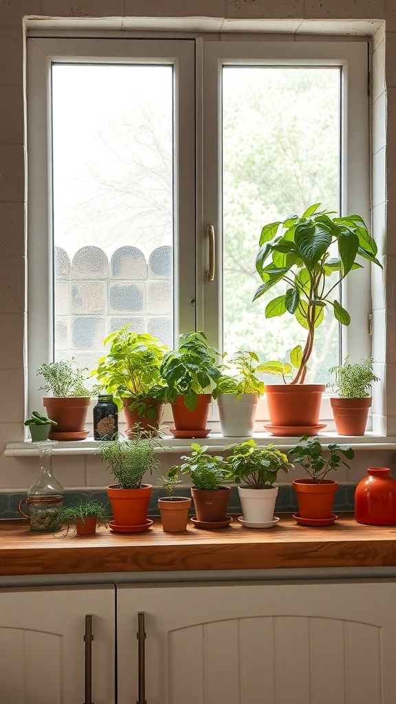 A rustic farmhouse kitchen windowsill filled with various potted herbs, including basil, mint, and parsley, with sunlight streaming in.